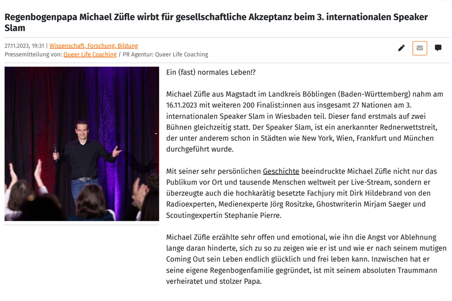 Zeitungsartikel über Michael Züfle in OpenPR
