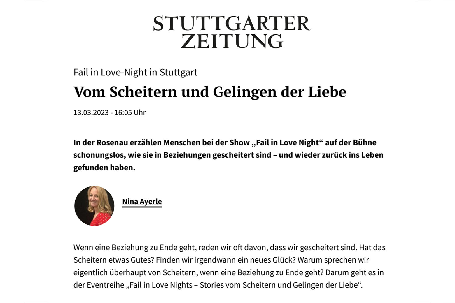 Zeitungsartikel über Michael Züfle in der Stuttgarter Zeitung